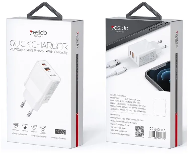 YESIDO WALL CHARGER YC32 PD 20W QC3.0 USB-A+C WHITE