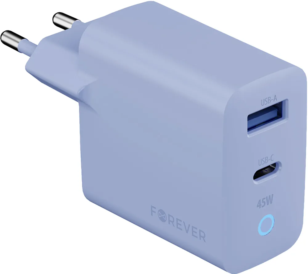 Forever Vibe-TC45AC GaN PD QC charger 1x USB-C 1x USB 45W sky blue