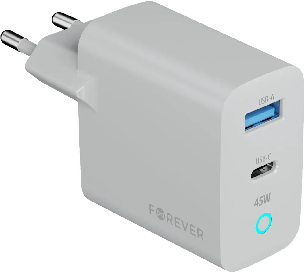Forever Vibe-TC45AC GaN PD QC charger 1x USB-C 1x USB 45W silver