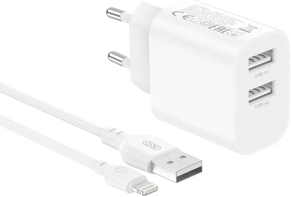 XO wall charger CE55 2x USB 2,4A white + Lightning cable