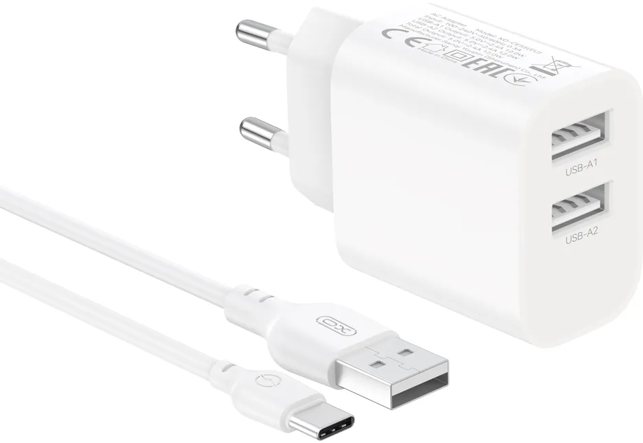 XO wall charger CE55 2x USB 2,4A white + USB-C cable