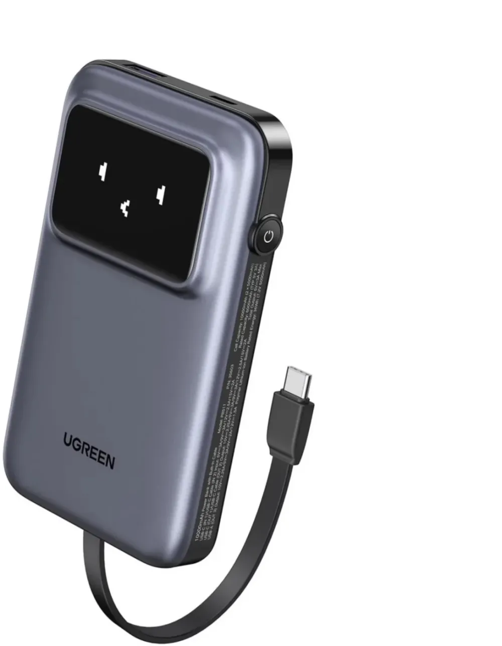 Baterie externa UGREEN Uno 10.000 mAh 30W cablu USB-C incorporat Gri