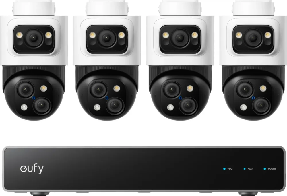 Kit supraveghere video eufy PoE NVR S4 Max Rezolutie 4K AI IP65 cu 4 camere PTZ Bullet cu 3 lentile