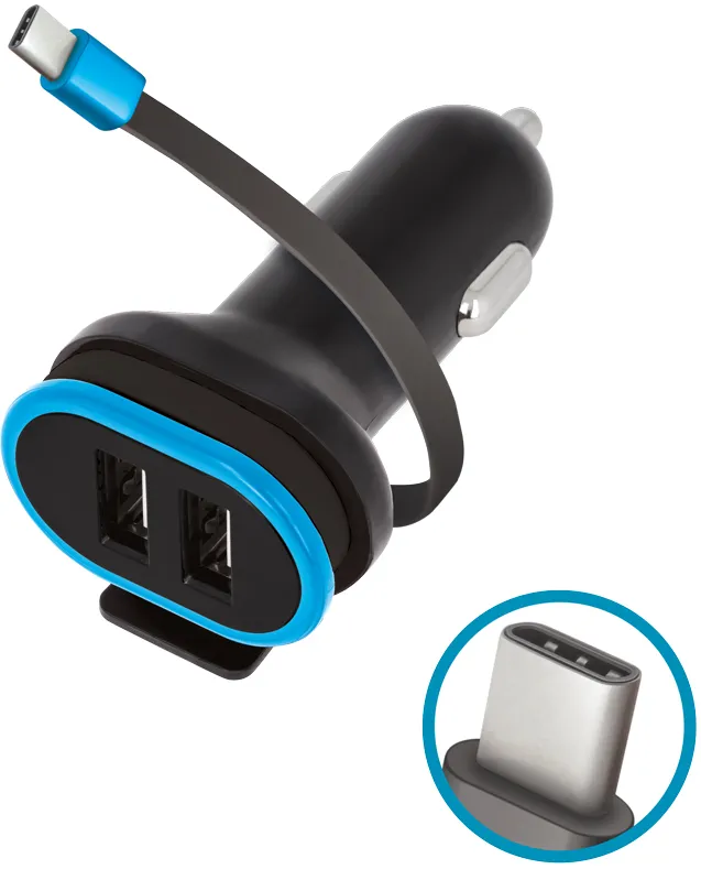 Forever CC-02 car charger 2x USB 3A black with USB-C cable 0,2 m