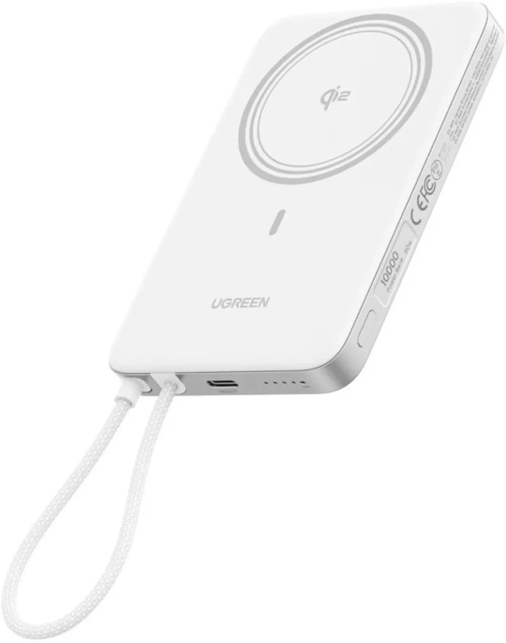 Baterie externa Ugreen MagFlow Air 10.000 mAh Wireless 15W Qi compatibila MagSafe Alb