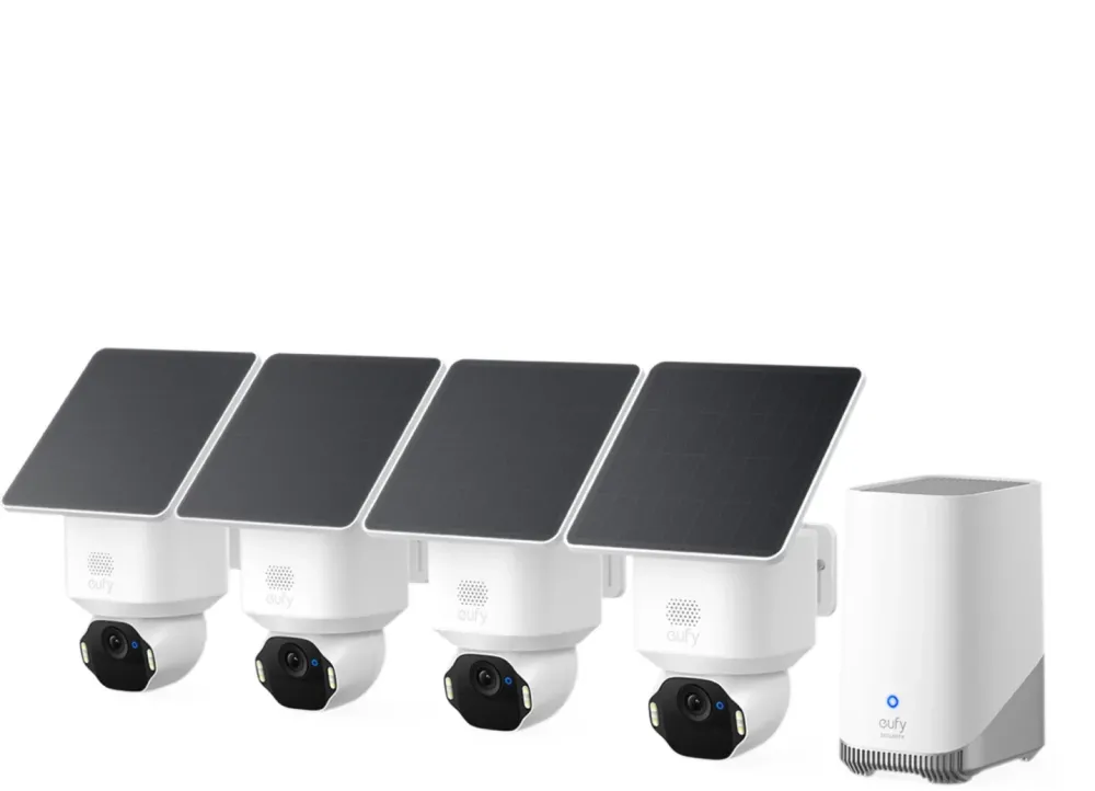Kit supraveghere video eufy Security SoloCam E42 Rezolutie 4K cu Panou Solar AI Pan&Tilt Recunoastere faciala HomeBase S380 + 4 camere video