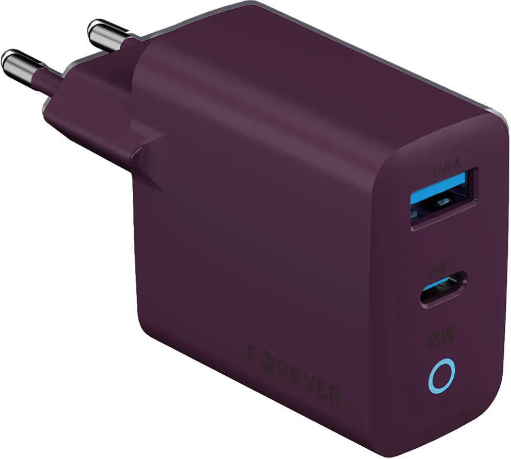 Forever Vibe-TC45AC GaN PD QC charger 1x USB-C 1x USB 45W dark cherry
