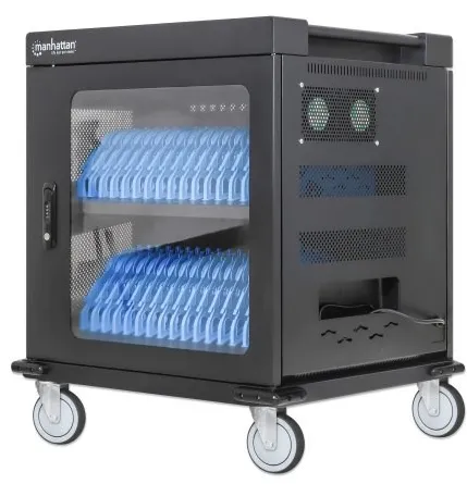 Manhattan Laptop Charging Cart/Trolley via AC Adapter (EU) 32-bay, Install device's AC Adapter (power cables) into unit, Suitable for ALL laptops (to 15.6"), iPads, MacBooks, Chromebooks, other USB-C devices, Bays 380x30x280mm, Cabinet, Lockable