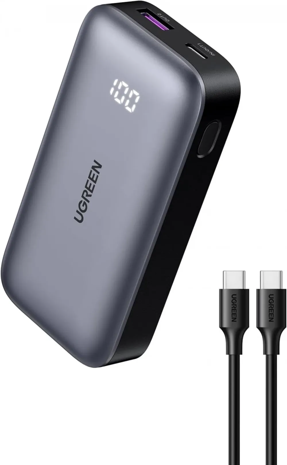 Baterie externa Ugreen Mini 10K mAh USB-C USB-A Digital Display cablu USB-C inclus Gri