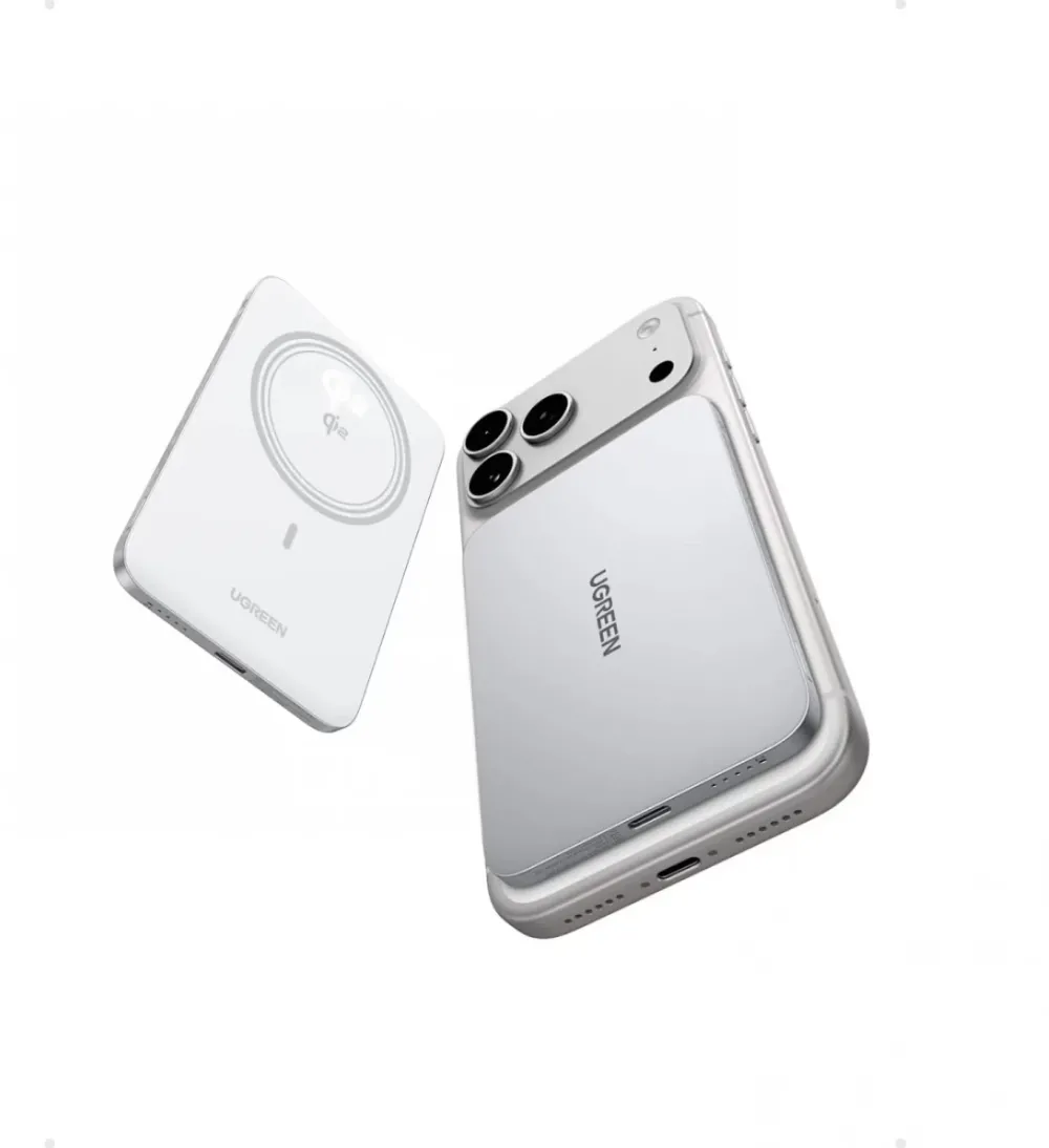 Baterie externa magnetica Ugreen MagFlow Air PB580 5.000 mAh Qi2 15W wireless PD 20W MagSafe Alb