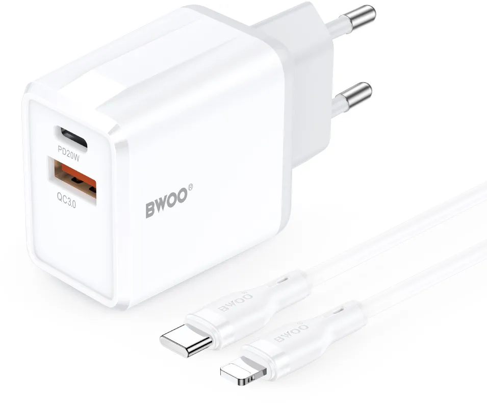 BWOO wall charger CDA182 QC 38W 1x USB-A + 1x USB-C with USB-C C-Lightning cable 1 m black