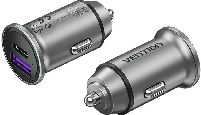 Vention Two-Port USB A+A(30+30) Car Charger Gray Mini Style Aluminium Alloy Type