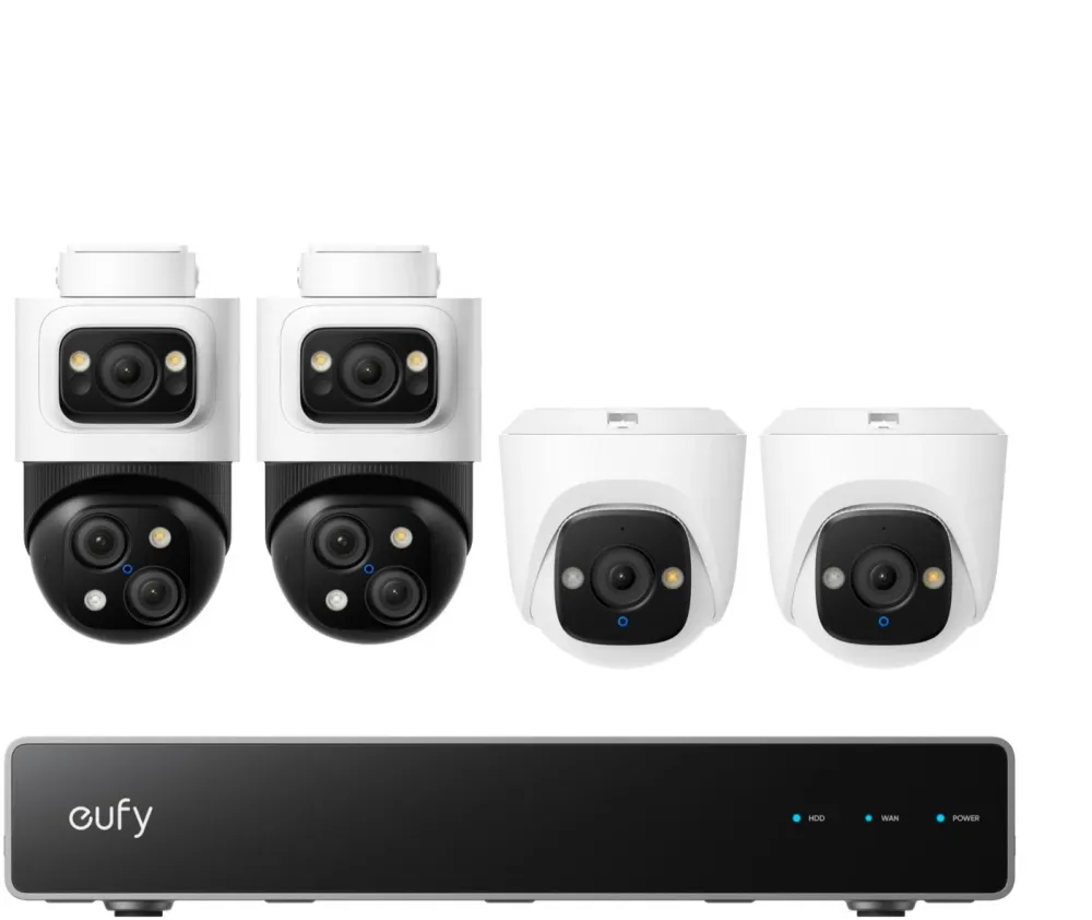 Kit supraveghere video eufy NVR S4 AI Dual View Night Vision Color cu 2 camere PoE Bullet si 2 camere PoE Turret