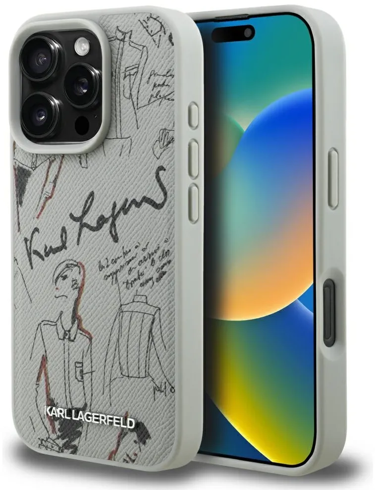 Karl Lagerfeld Grained Pattern & Logo MagSafe Case for iPhone 16 Pro - Gray