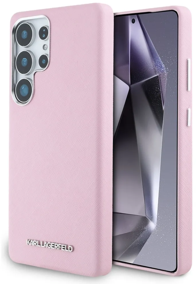 Karl Lagerfeld Saffiano Full Wrapped Elongated Metal Logo MagSafe Case for Samsung Galaxy S25 Ultra - Pink