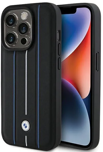 BMW Leather Stamp Blue Line Case for iPhone 15 Pro Max - Black