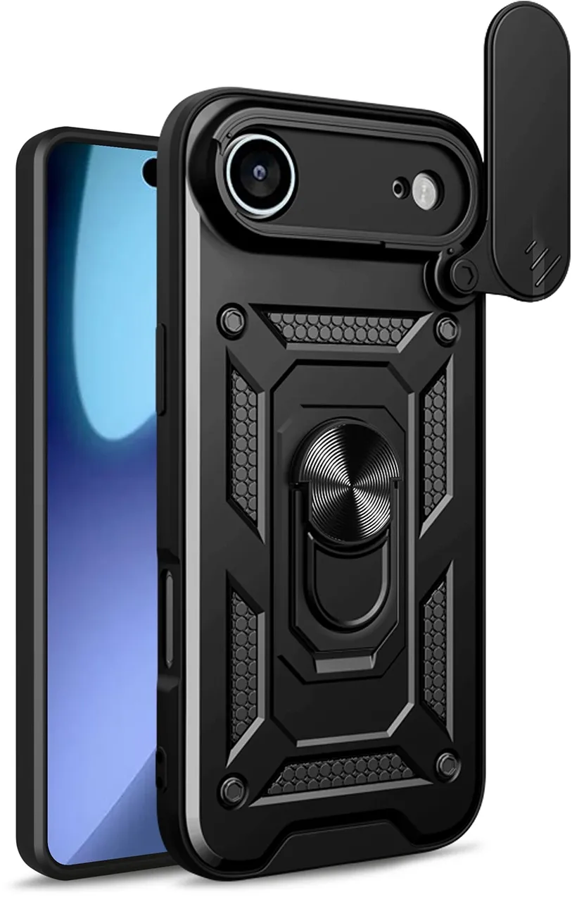 Hybrid Armor Camshield iPhone 17 Air Case with Stand and Camera Cover - Black