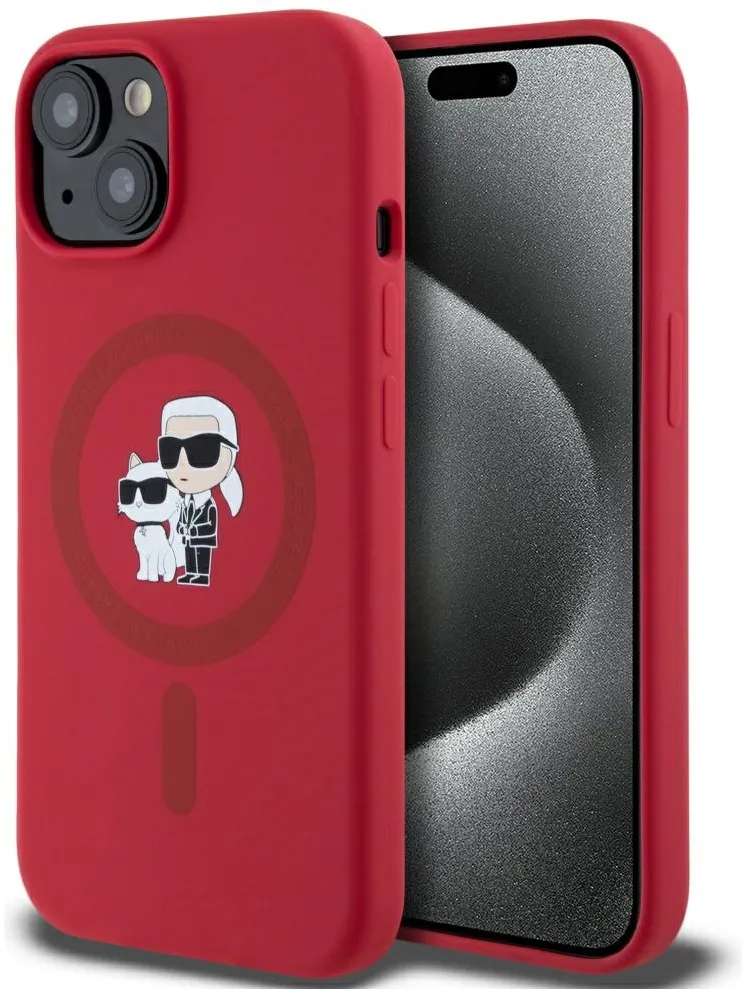 Karl Lagerfeld Silicone Karl&Choupette Heads Ring MagSafe iPhone 15 Case - Red