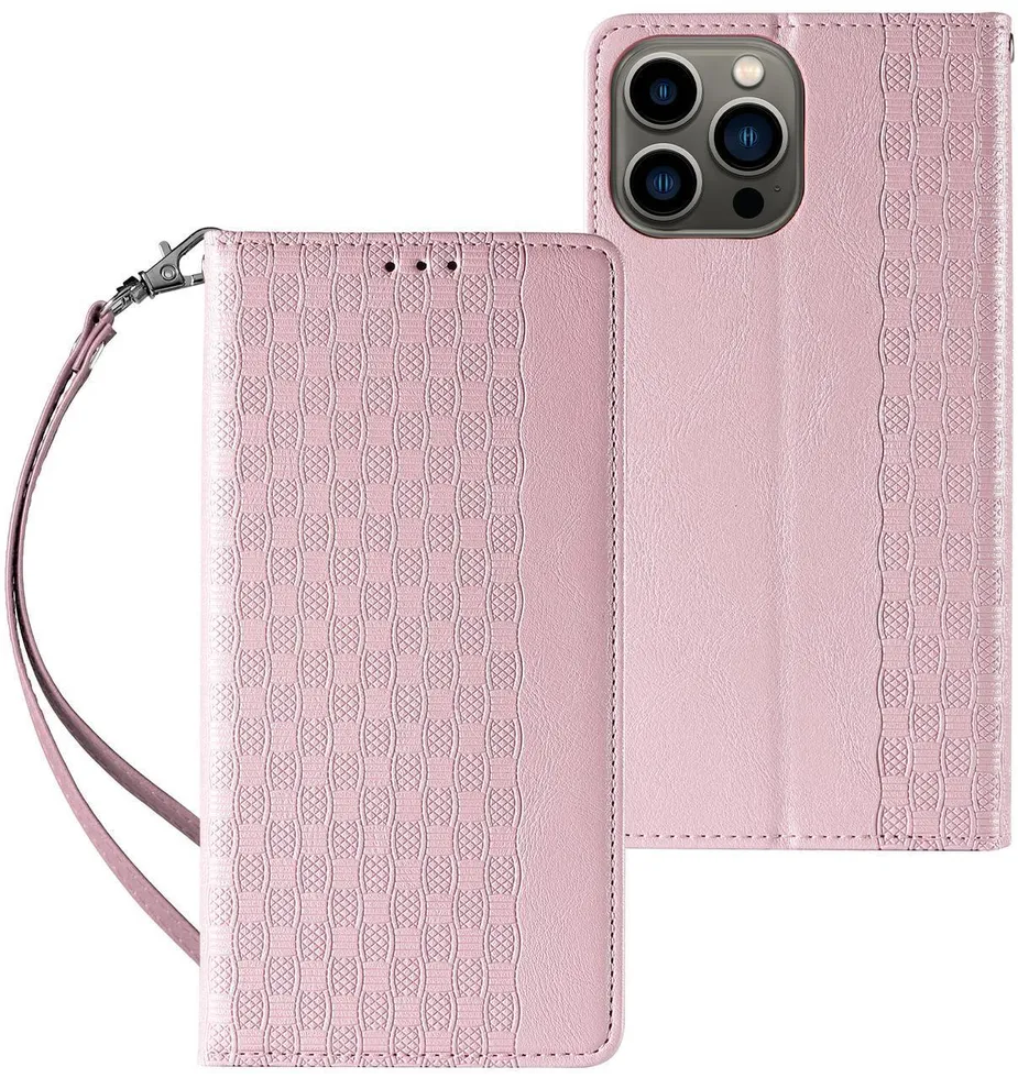 Magnet Strap Case Case For iPhone 14 Pro Max Flip Wallet Mini Lanyard Stand Pink