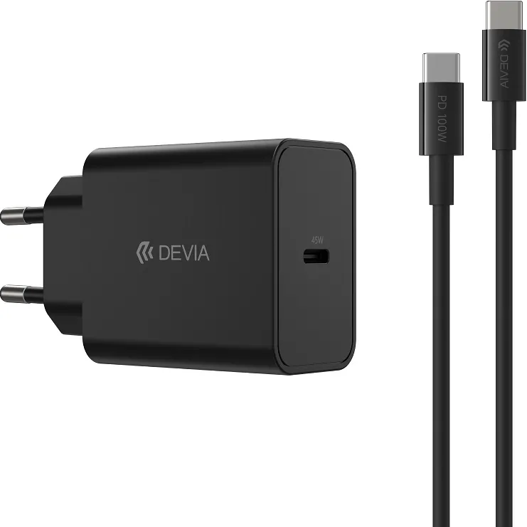 Devia wall charger Rocket PD 45W 1x USB-C black+ cable USB-C - USB-C