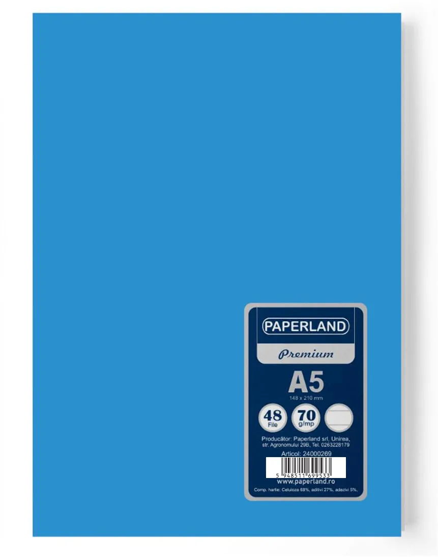 Caiet A5, capsat, velin, 70g, FSC, coperta albastru