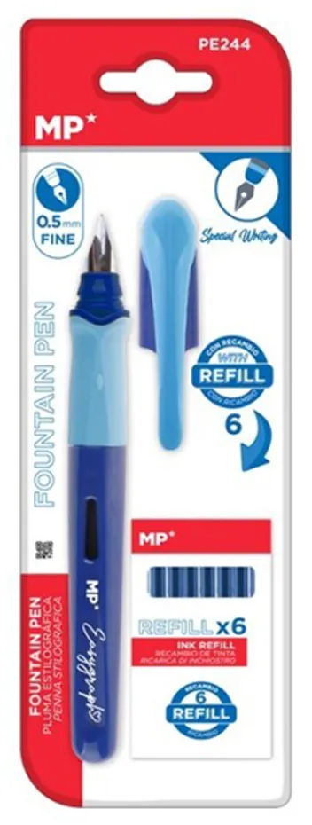 Set stilou albastru Main Paper, varf F, 6 rezerve cerneala, blister
