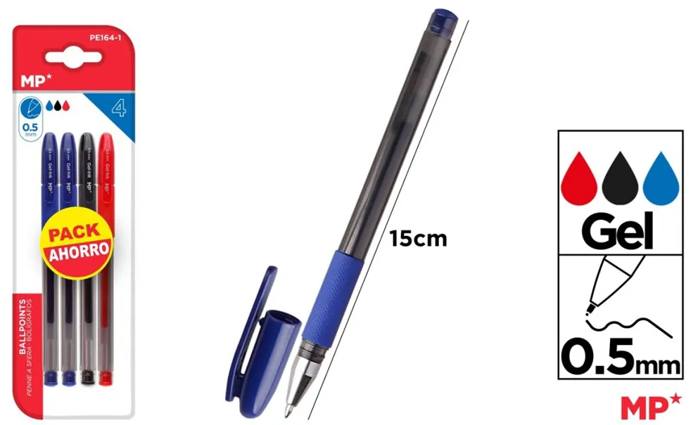 Set 4 pixuri cu gel Main Paper, varf 0.5 mm, 2 albastre, 1 rosu, 1 negru