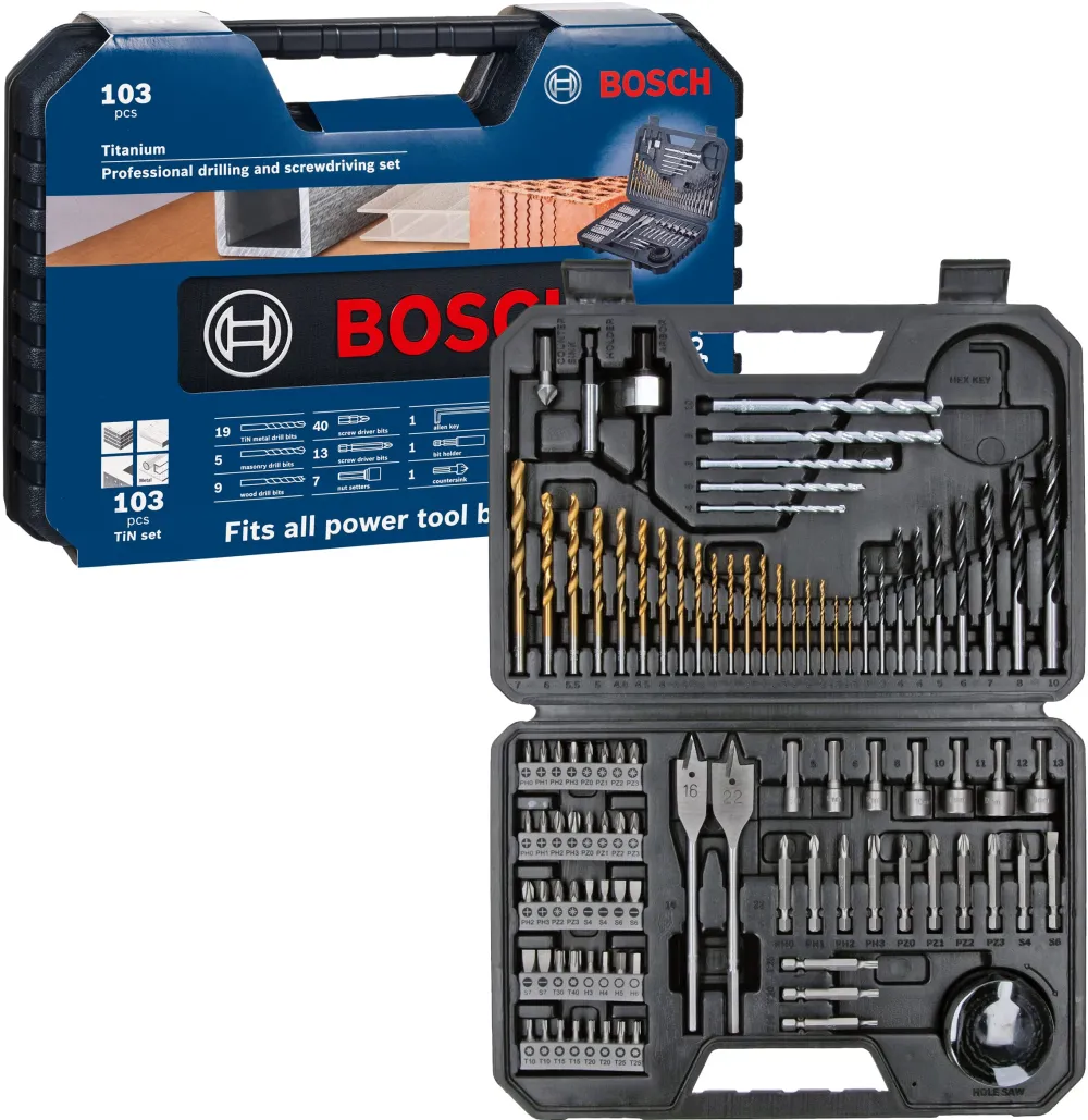 Set 103 Accesorii Bosch Profesional, biti, burghie lemn, metal, zidarie, adaptor, chei tubulare, suport universal, carote, zencuitor