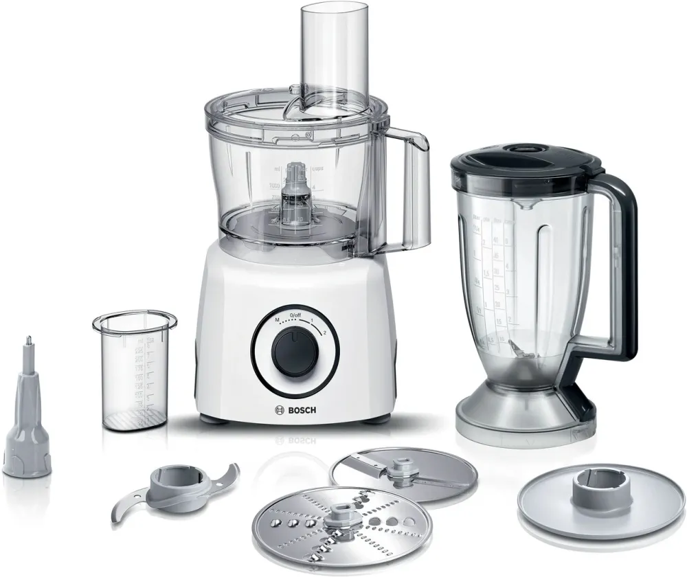 Robot de bucatarie Bosch MultiTalent 3 MCM3230W, 800W, capacitate vas mixare 2.3 l, blender 1 l, 2 trepte + functie pulse, 2 discuri din otel inoxidabil razuire/feliere, Disc batut crema, Alb