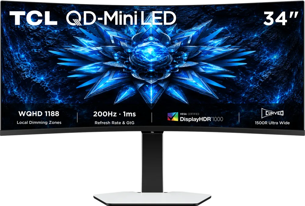 Monitor Gaming Curbat TCL QD-Mini LED 34C2A, 34", WQHD (3440x1440)/200Hz, 1ms GTG, G-Sync Compatible, FreeSync Premium, Smart Shadow Boost, HDR 1000, HDMI, DP, VESA 100x100mm, Rotating&Lifting, USB Type-C 90W, Alb