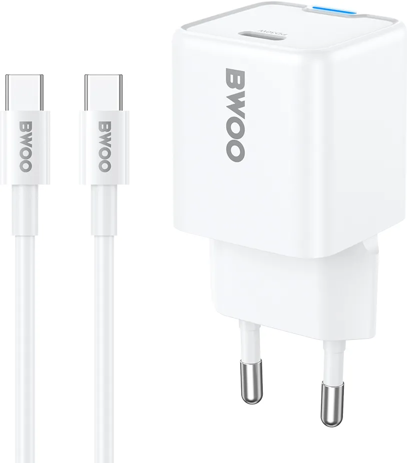 BWOO GaN PD 30W wall charger 1x USB-C port with 60W cable USB-C 2A white