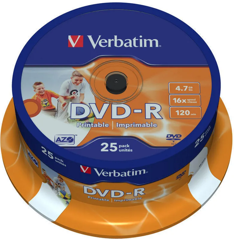 VERBATIM DVD-R 4.7GB 16x Wide Inkjet Printable ID Brand 25 buc.
