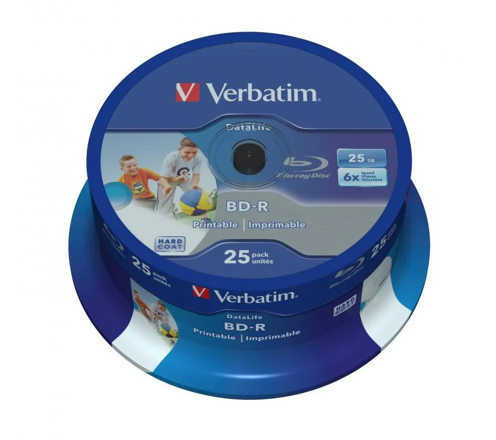 VERBATIM BD-R SINGLE LAYER DATALIFE HTL 25GB 6X WIDE PRINTABLE NO ID Spindle of 25