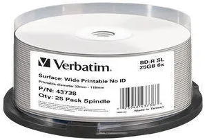 VERBATIM BluRay BD-R SL [ Spindle 25 | 25GB | 6x [WIDE PRINT NO ID]