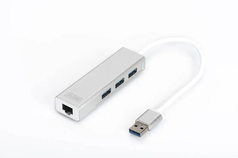 Hub USB Assmann HUB 3-port USB 3.0 SuperSpeed with Gigabit LAN adapter, aluminium