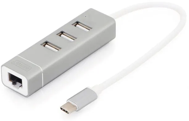 Hub USB Assmann HUB 3-port USB 2.0 HighSpeed Typee C with Fast Ethernet LAN adapter, aluminium