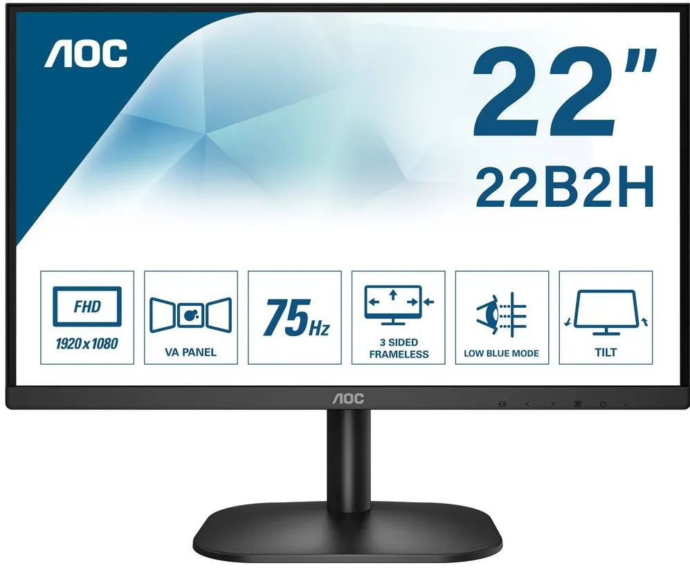 Monitor AOC 22B2H WLED, 22", 1920 x 1080 Full HD, 75 Hz , VA, 200 cd/m, 4 ms, HDMI, VGA, Negru