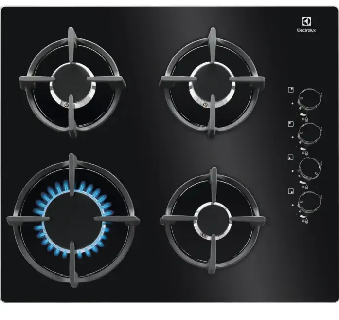 Plita ELECTROLUX incorporabila KGG6407K, Gaz, 4 arzatoare, Aprindere electrica, Dispozitiv de siguranta, Gratare fonta, 60 cm, Sticla neagra