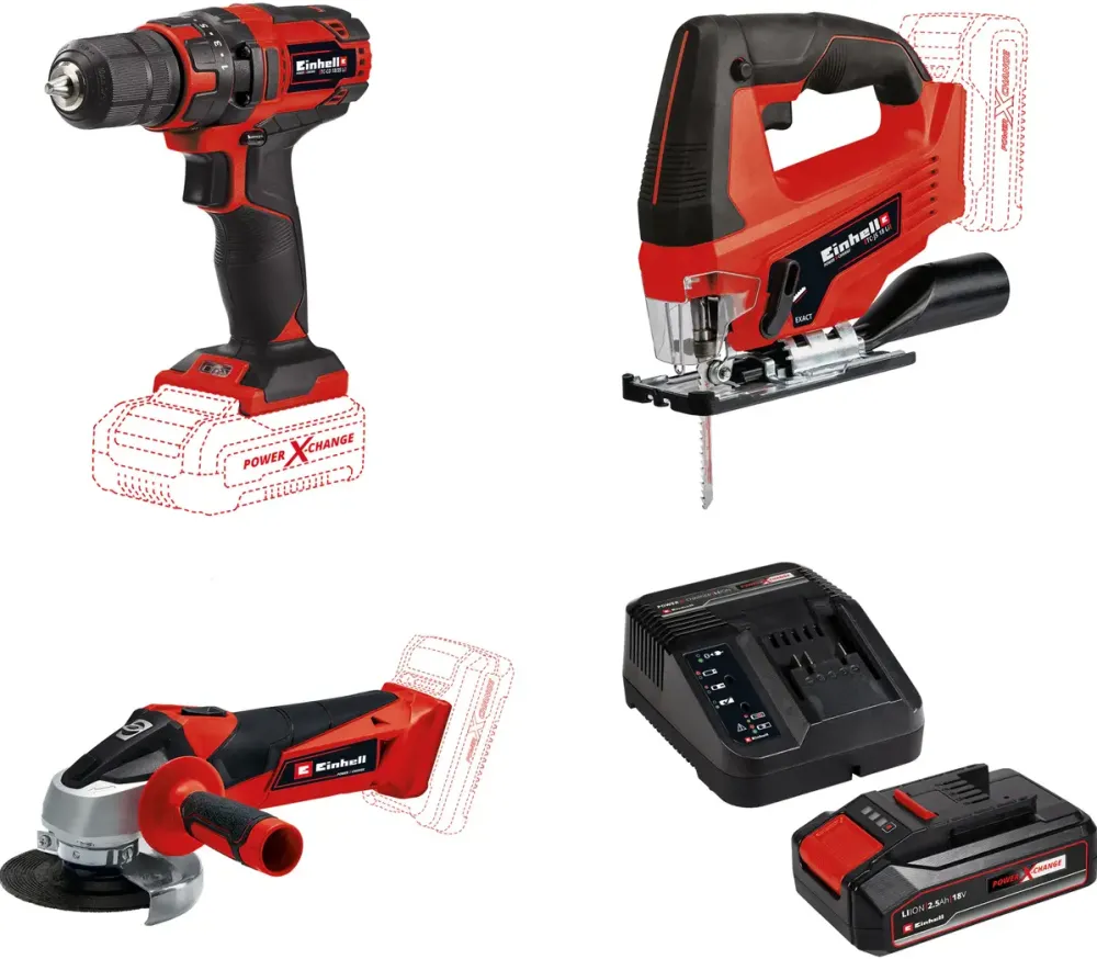 Einhell Set masina de gaurit si insurubat (bormasina) pe acumulator PXC TC-CD 18/35 + ferastrau pendular pe acumulator PXC TC-JS 18 + polizor unghiular pe acumulator PXC TC-AG 18/115 + Starter Kit PXC acumulator 18 V, 2.5 Ah, incarcator