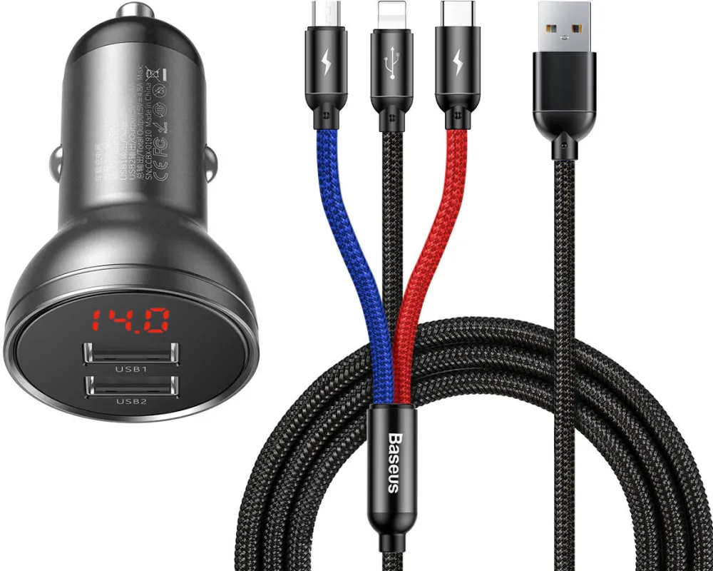 Baseus Incarcator Auto with 24W display + USB cable 3in1 Three Primary Colors 1.2m