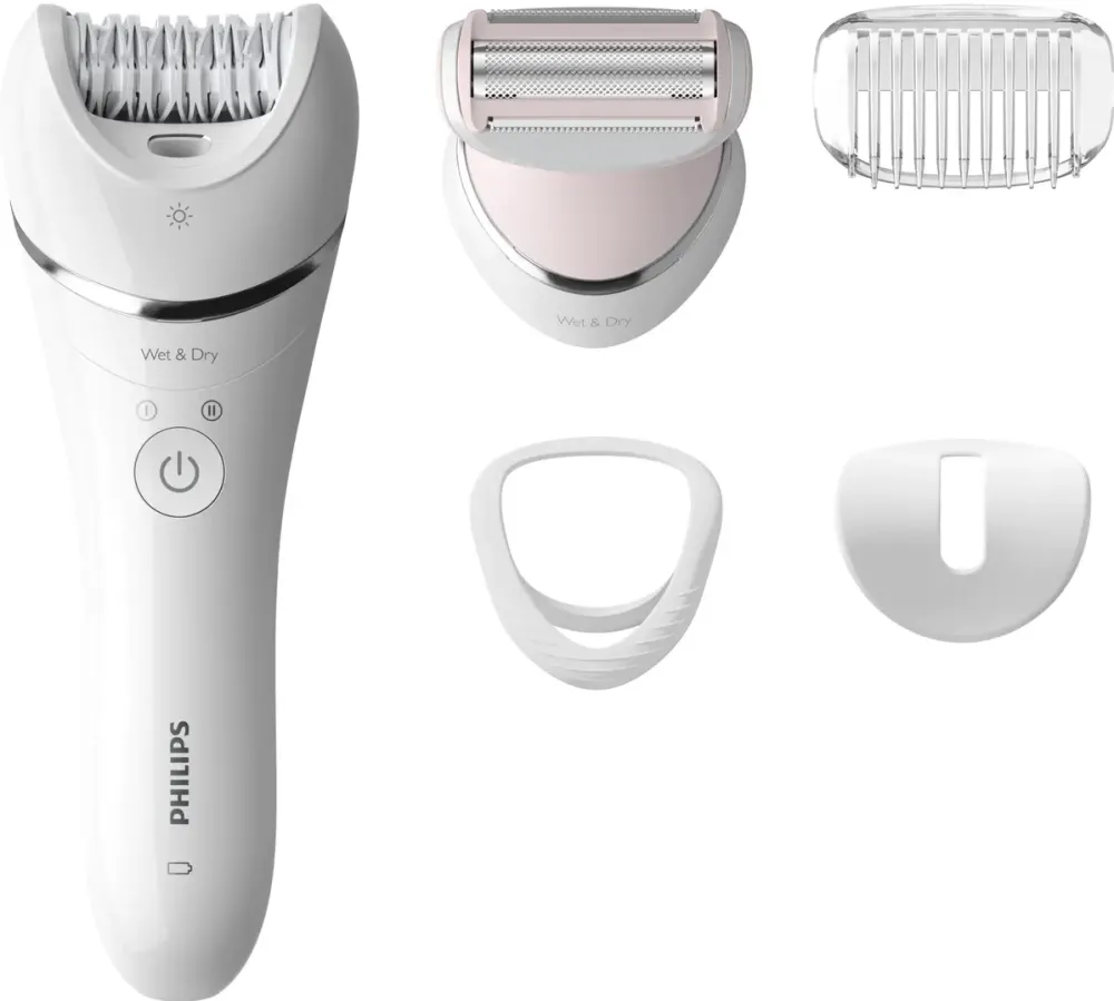 Philips Epilator umed si uscat BRE710/00, 5 accesorii, 32 pensete, utilizare fara fir, 2 setari viteza, opti-light, discuri ceramice, Argintiu