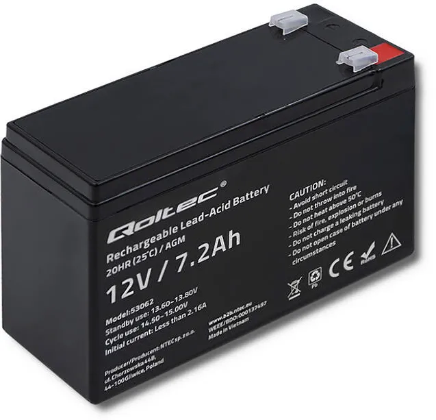 QOLTEC 53062 AGM Baterie | 12V | 7.2 Ah | max 108A