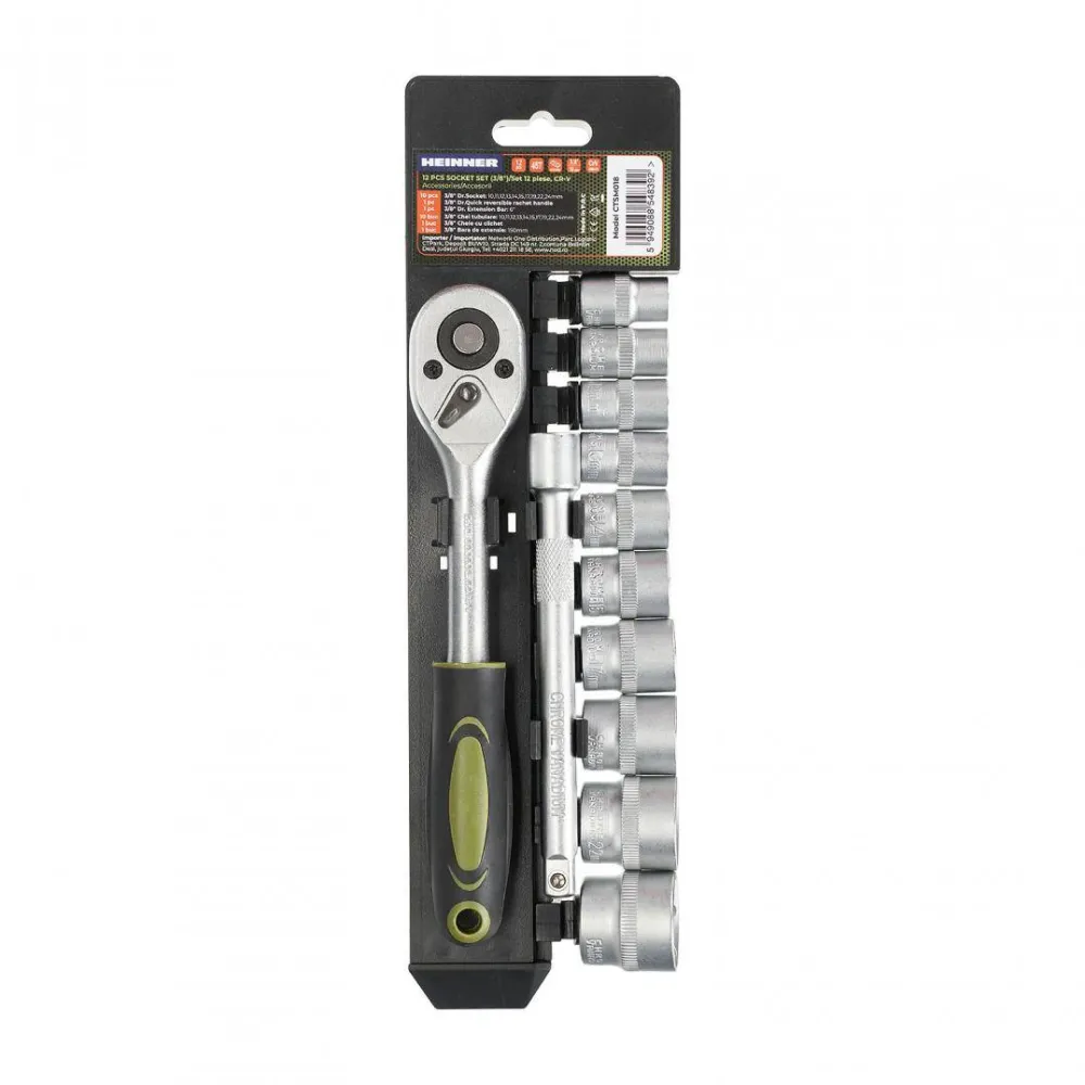 HEINNER Set 12 piese CTSM018, Cheie cu clichet 3/8", capete chei tubulare, 10-24 mm, material chrome-vanadium