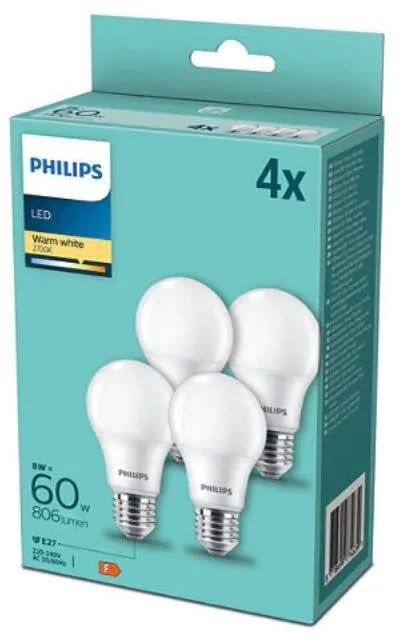 Philips Pachet 4 becuri LED Philips A60, E27, 8W