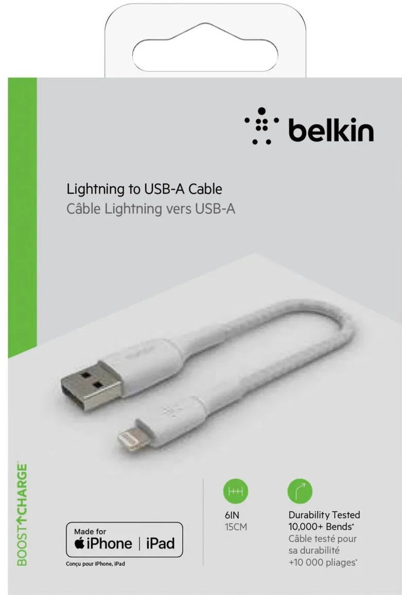 BELKIN Cablu Date Lightning to USB-A Cable 15cm, Braided, mfi cert, white