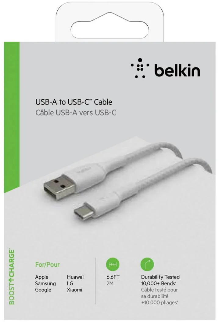 BELKIN Cablu Date USB-C/USB-A Cable 2m braided, white CAB002bt2MWH