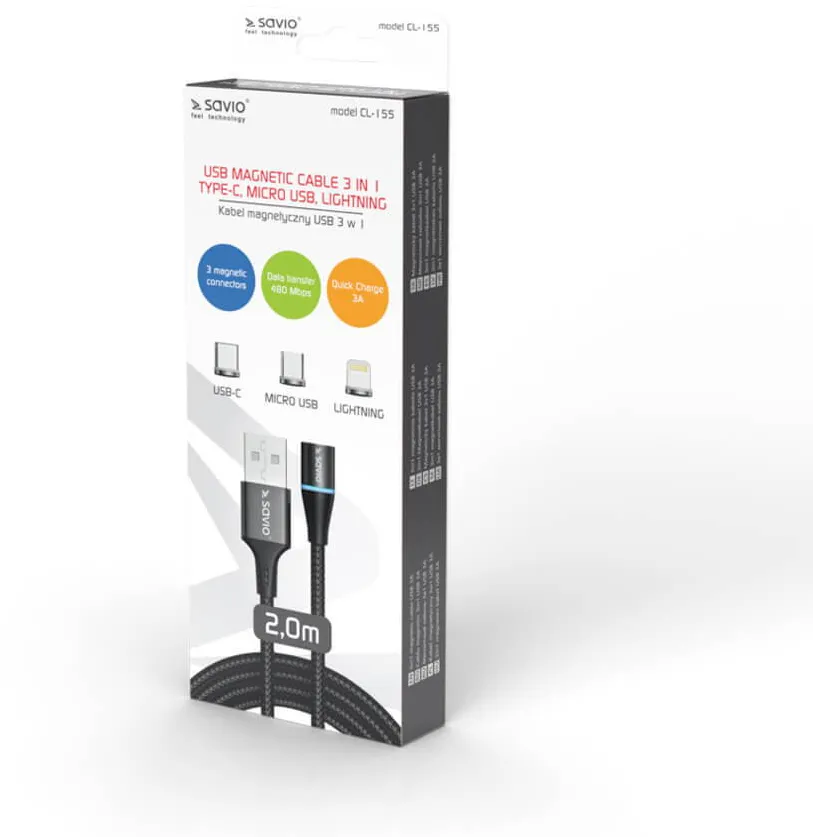 SAVIO CL-155 Cablu USB 2 m USB 2.0 USB C Micro USB A/Lightning Black