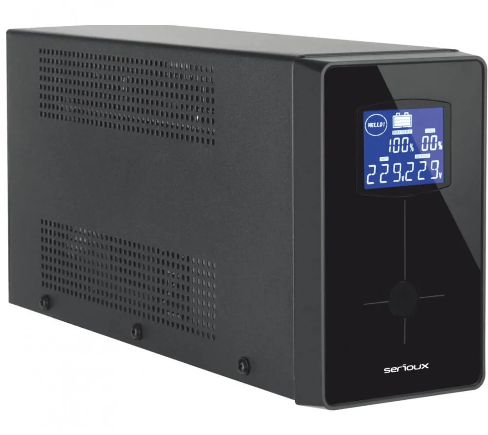 UPS Serioux Line Interactive 2000LI, ecran LCD, capacitate 2000VA/1200W, 4 prize Schuko , baterie 12 V / 9.0 Ah × 2, timp mediu de functionare pe baterii 5 min - 50% sarcina, management USB/RJ45, software inclus