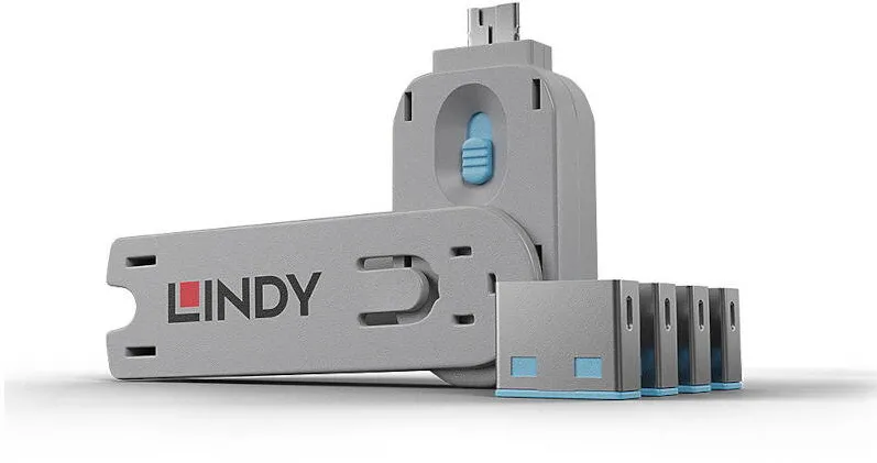 Adaptor Lindy Dispozitiv blocare port USB tip A, 4 bucati + cheie, albastru