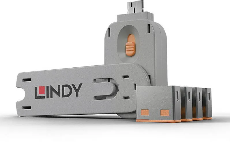 Adaptor Lindy Dispozitiv blocare port USB tip A, 4 bucati + cheie, portocaliu